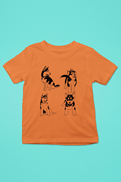 Yavru Sibirya Kurdu Husky Haski -Baskılı Unisex Turuncu Çocuk Tişört - T-Shirt CT005