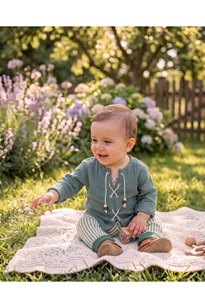 RÜYA KİDS Baby Boy Stripe Detailed Drawstring Muslin Fabric Top and Bottom Set