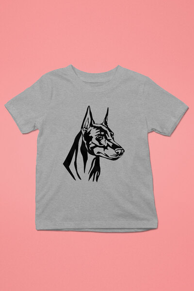 Doberman Silüeti - Baskılı Unisex Gri Melanj Çocuk Tişört - T-Shirt CT006