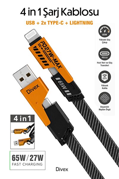 Divex 4'ü 1 Arada Hızlı Şarj Kablosu - 65W Ultra Hızlı Şarj ve Veri Transferi
