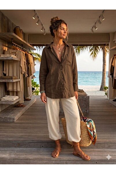 CGA Γυναικείο λινό πουκάμισο Γυναικείο πουκάμισο σε καφέ απόχρωση από λινό