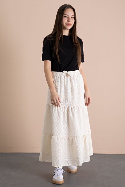 Cansın Mini Κρεμ Κοριτσίστικη Φούστα με Μακριά Κοψίματα 23778