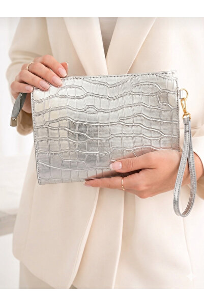 Zeyne Zyn09 Women's Silver Crocodile Patterned Patent Leather Portfolio Bag -...