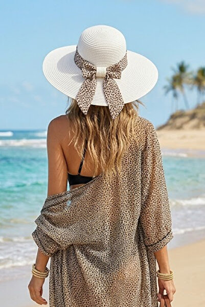 Ritagarcia Γυναικείο ψάθινο καπέλο παραλίας με φαρδύ γείσο και λεπτομέρεια φι...