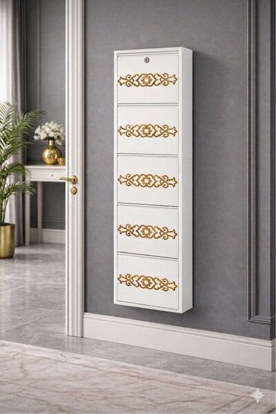 KARLI 5'Lİ KİLİTLİ BEYAZ GOLD DESENLİ METAL AYAKKABILIK