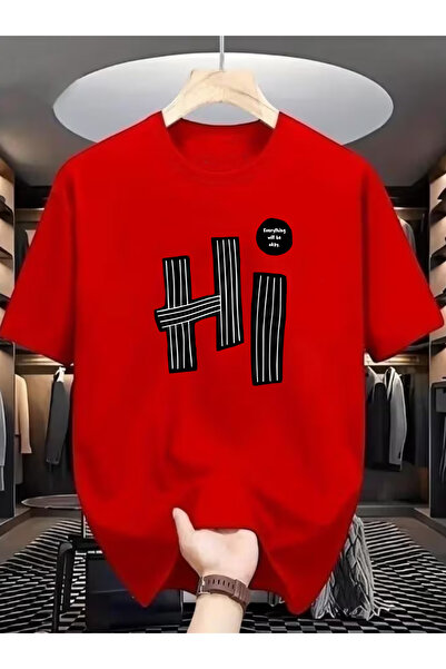 SUNFREE تيشيرت صيفي أساسي بأكمام قصيرة وياقة دائرية للجنسين مطبوع عليه HI