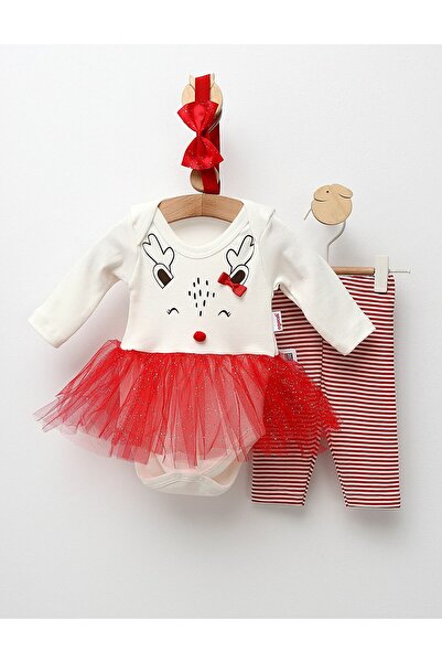 MiniKids Κόκκινο-λευκό Χριστουγεννιάτικο ολόσωμο φόρεμα+παντελόνι+χάντρες