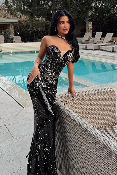 Eyyo Μαύρο μακρύ βραδινό φόρεμα ροκοκό με στράπλες, χαμηλό κόψιμο και παγιέτε...