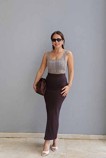 Purple by Banu Acı Kahverengi Yırtmaçlı Maxi Etek