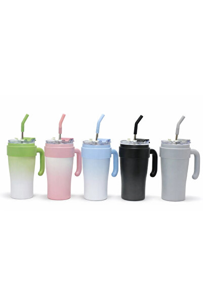 TTT Heat-Insulated Steel Thermos Mug with Handle and Straw