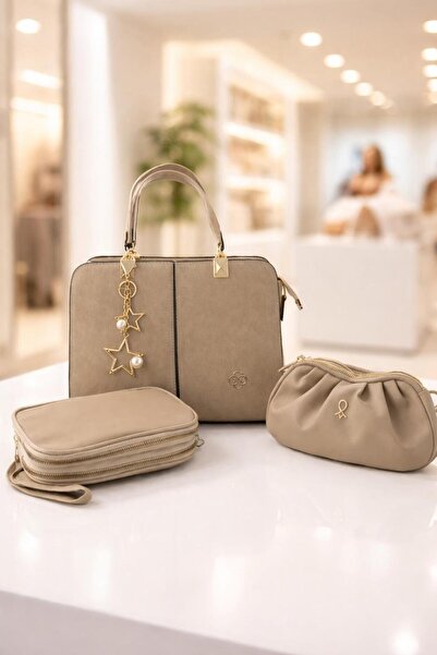 SAHNE 3lü bej/krem renkli 5 bölmeli omuz ve kol çantası 3 bölmeli el çantası ...