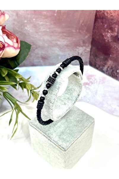 MASAL TAKI&AKSESUAR Premium Leather Men's Bracelet |   Black Onyx Stone Cylin...