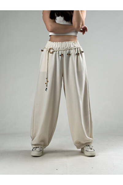 COCOPELLI Γυναικείο φαρδύ παντελόνι εκρού με ζώνη COC3066