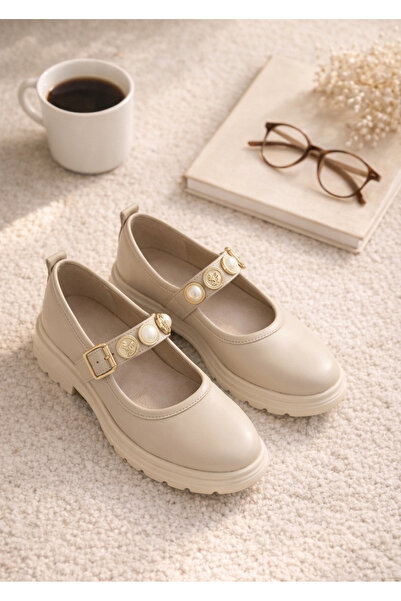 Craftique Μπεζ δερμάτινα κομψά γυναικεία παπούτσια μπαλαρίνας με αγκράφα, ελα...