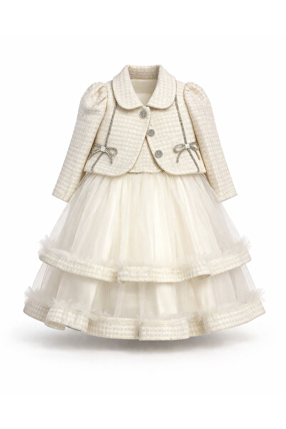 CQCQ Κοριτσίστικο βραδινό φόρεμα από τούλι με σακάκι, εκρού φόρεμα πριγκίπισσ...