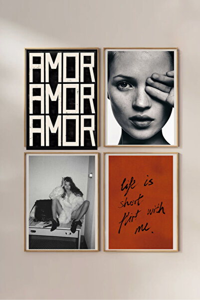 Taranist Poster - Amor Amor Kate Moss Portresi - Siyah Beyaz Moda Posteri 4 Adet