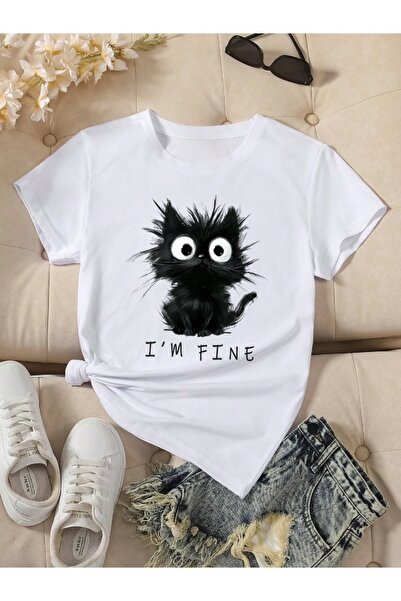 one button Χαριτωμένο μπλουζάκι με στάμπα γατάκι Premium Oversize