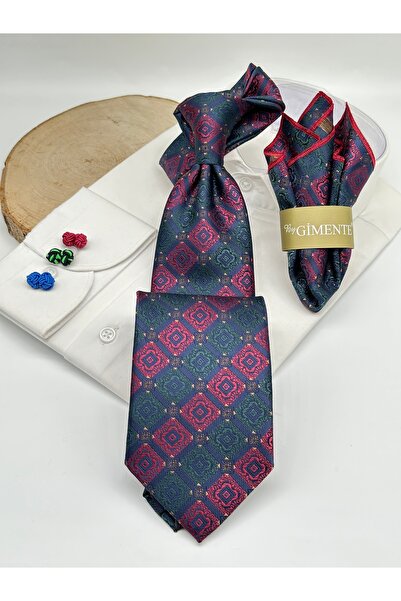 Gutiero Green Burgundy Patterned Classic Tie with Handkerchief