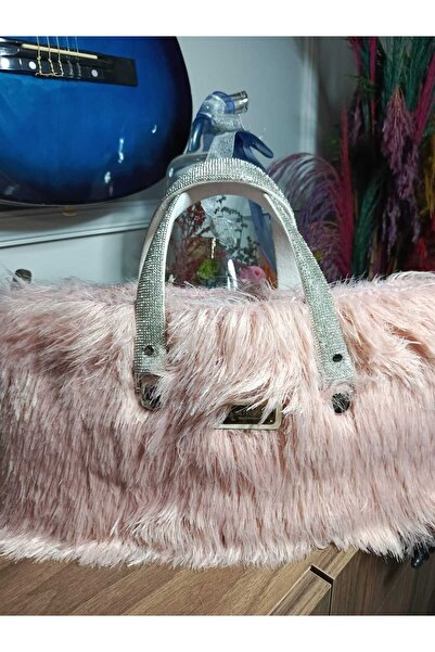 Handmade Peluş Tüylü Kadın El Çantası - Taşlı Saplı Abiye ve Günlük Kullanım ...