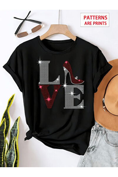 one button Μπλουζάκι Premium Oversize με λεπτομέρεια με στάμπα Love και γυαλι...