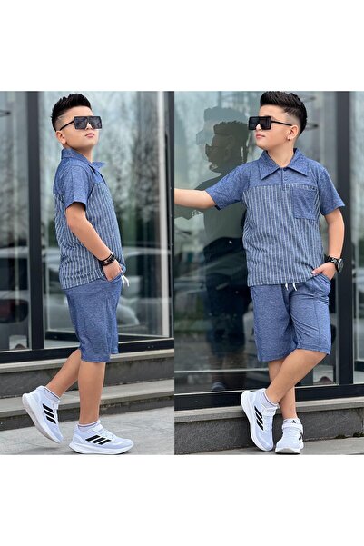 MİA SHİNE S Boy's Collared Stripe Detail Pique Fabric Combination Suit