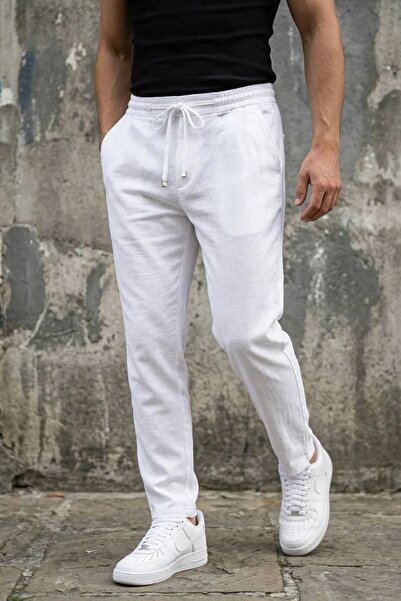 MADZEYMODA Ανδρικό λινό παντελόνι λευκό με ελαστικά κορδόνια Boyfriend Άνετη ...