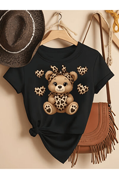 one button Μπλουζάκι Premium Oversize με στάμπα λεοπάρ και σχέδιο αρκουδάκι