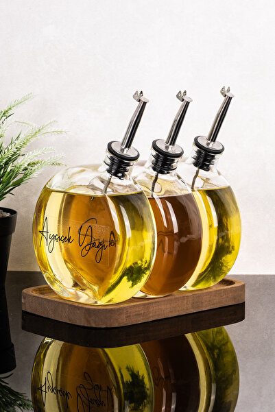 Dolkin Home 3lü 500 ml Yağdanlık Ahşap Stantlı Gümüş Kapak Yuvarlak Cam Yağlı...