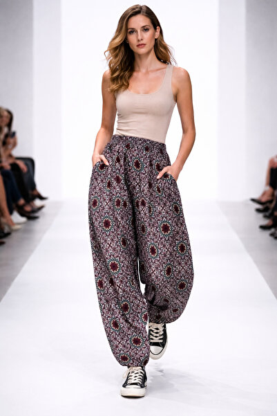 hoaryage Ύφασμα βισκόζης με σχέδιο λουλουδιών, παντελόνι σαλβάρι με τσέπες, 1...