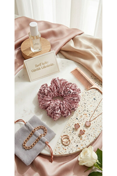 Handmade Rose Gold Zarafeti Payetli Scrunchie Toka (1 Adet Rose Gold)