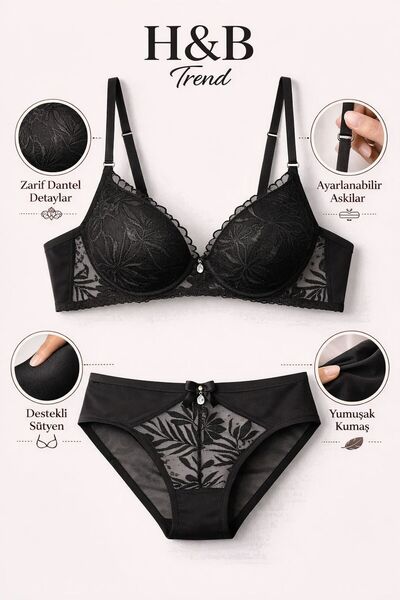 HB TREND Γυναικείο Σετ Σουτιέν και Εσώρουχα με Δαντέλα - Κομψό Σχεδιαστικό Σε...