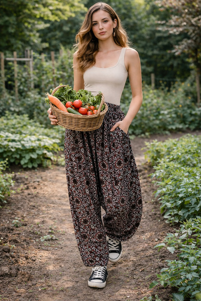 hoaryage Ύφασμα βισκόζης με φλοράλ σχέδιο, παντελόνι σαλβάρι με τσέπες, 100% ...