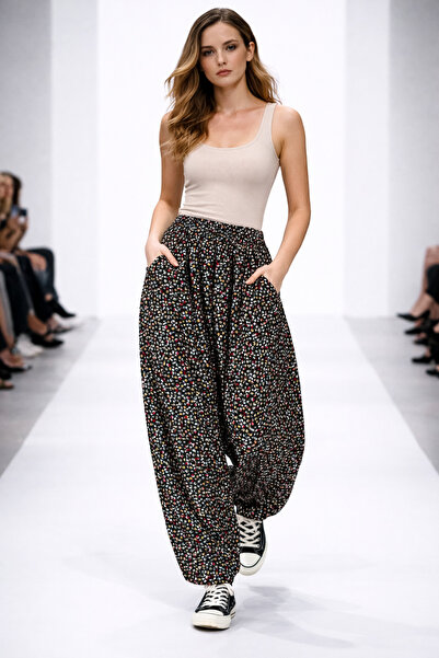 hoaryage Ύφασμα βισκόζης με σχέδιο λουλουδιών, παντελόνι σαλβάρι με τσέπες, 1...