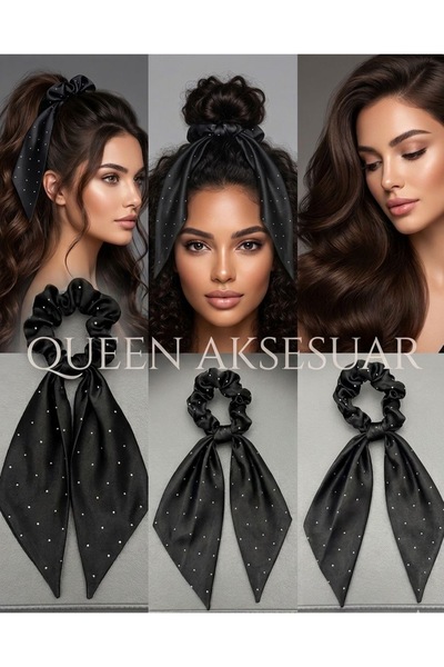 QUEEN AKSESUAR Satin Scarf Scrunchie Hair Clip with Black Stone Detail and Lo...