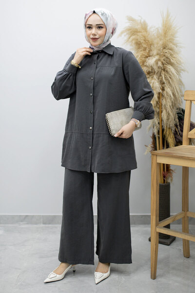 Tesettür Dünyası Κουμπωτό Σετ Μοντάλ TSD260169 Καπνιστό