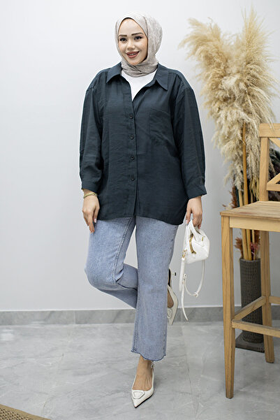 Tesettür Dünyası Πουκάμισο Oversize με τσέπες TSD260167 Καπνιστό