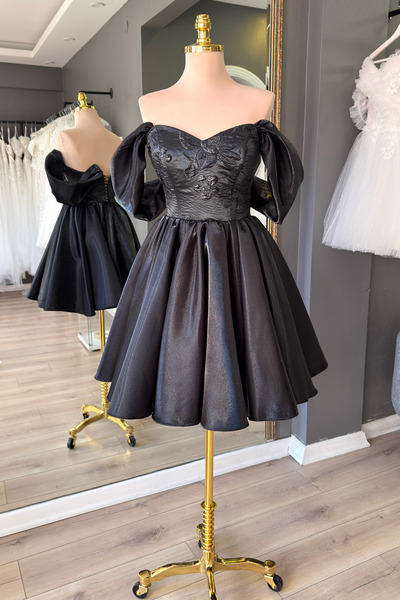 Lenta Moda Siyah Brokar Büstiyer Detaylı Mini Saten Abiye ve Gece Elbisesi