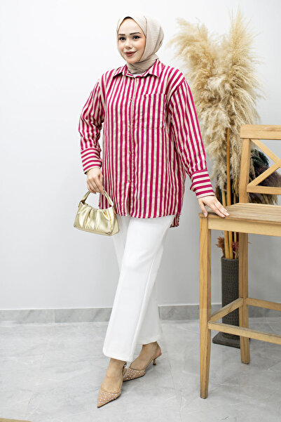 Tesettür Dünyası Ριγέ πουκάμισο με τσέπες TSD260174 Φούξια