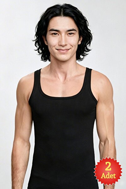fevien Men's Black 100% Cotton Double Ribbed Camisole Undershirt 2-Pack