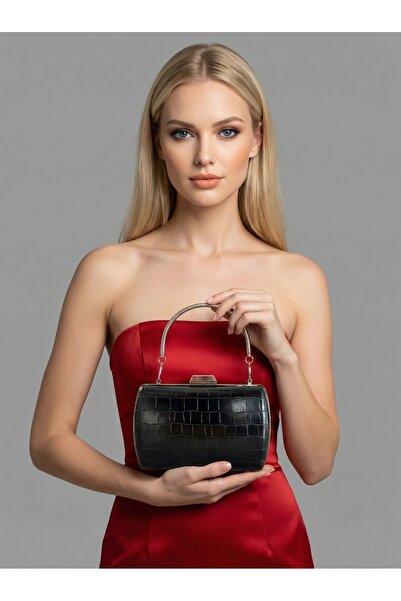 Biçanta Μαύρο Χρώμα Ματ Σχέδιο Κροκόδειλου με Λουράκι Αλυσίδας Γυναικεία Βραδ...