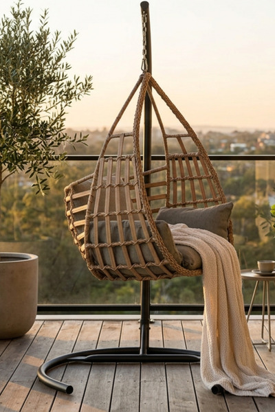 KalyonHome Gardeniza Yarım Damla Tek Kişilik Ayaklı Bahçe Salıncağı Balkon Teras 120 Kg Haki