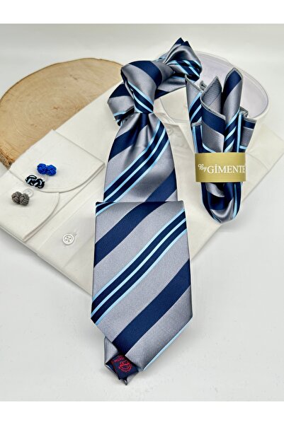 Gutiero Gray Navy Blue Striped Patterned Classic Tie with Handkerchief