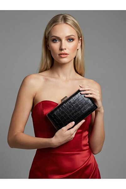 Biçanta Μαύρο Χρώμα Ματ Σχέδιο Κροκόδειλου με Λουράκι Αλυσίδας Γυναικεία Βραδ...