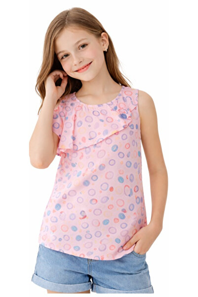 İrem Çocuk Giyim Girl's Pink Color Blouse with Patterned Ruffle Detail