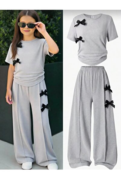 Kids Pantaloni largi gri de vară, cu mânecă scurtă, cu detaliu panglică.