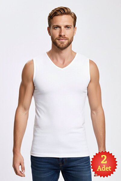 fevien Men's White 2-Pack 100% Cotton Ribbed V-Neck Undershirt