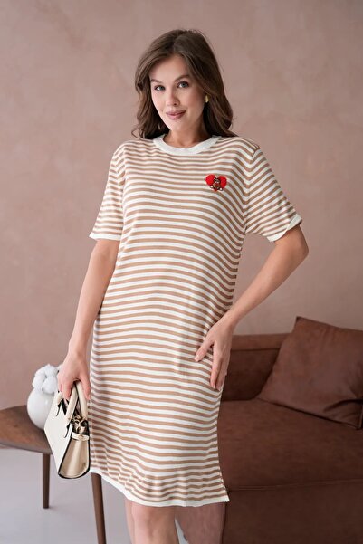 Park Karon 10173 Women's Crew Neck Embroidery Detail Striped Knitwear Dress