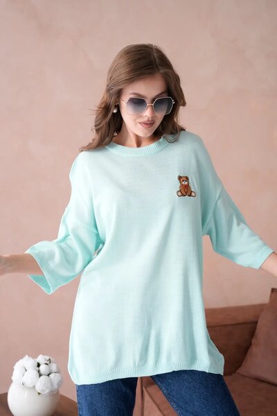 Park Karon 10729 Women's Crew Neck Embroidery Detail Oversize Trko Sweater