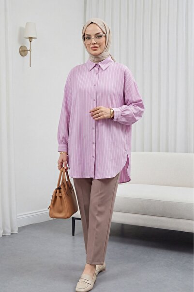 HİJABAYA Ριγέ πουκάμισο Linda με σκίσιμο και χαλαρή εφαρμογή