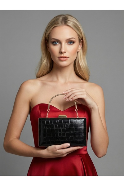 Biçanta Μαύρο Χρώμα Ματ Σχέδιο Κροκόδειλου με Λουράκι Αλυσίδας Γυναικεία Βραδ...